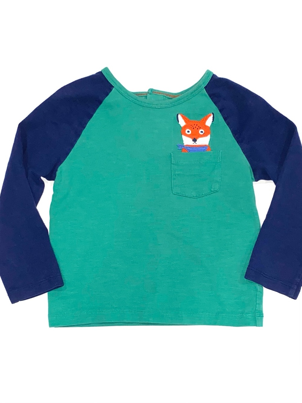 Baby Boden Boys’ Green and Navy Peeking Fox  Long Sleeve Raglan Tee 18-24 Months